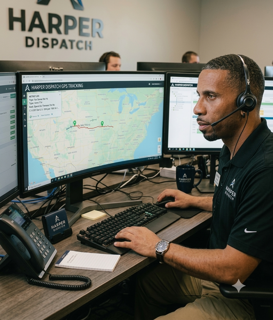Harper Dispatch office with a dispatcher coordinating freight at his workstation